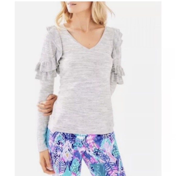 Lilly Pulitzer Sweaters - Lilly Pulitzer Grey Ruffle Sleeve VNeck Sweater Long Sleeve Top